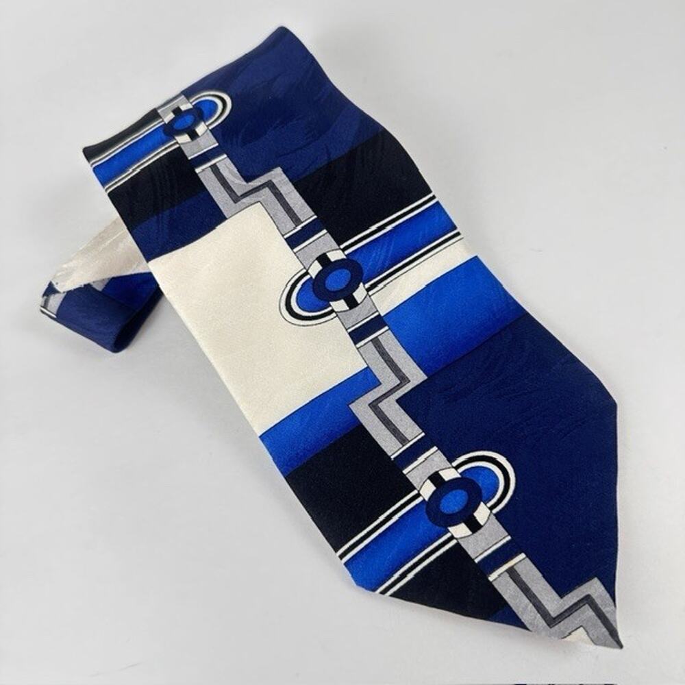 Di Maggio Necktie Handmade 100% Silk Blue/Black/White Geometric Art Deco preppy